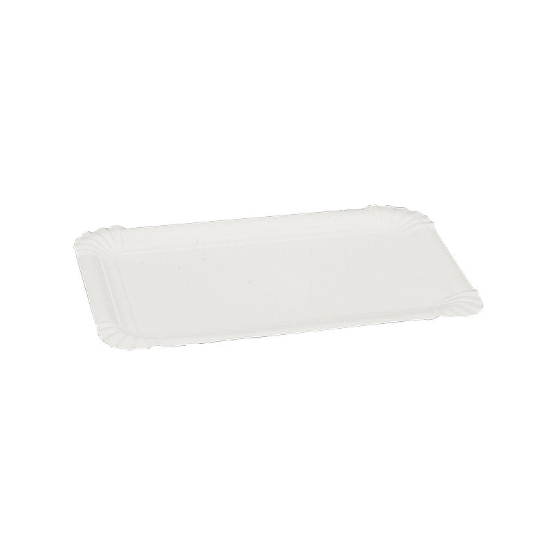 A rectangular, eco-friendly Abena Re-Seller GmbH cardboard plate rectangular (13x20 cm) in white with wavy edges, sold in a pack of 250 pieces and photographed on a plain white background.
