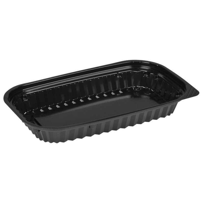 The Abena Re-Seller GmbH Sushi Box Black is a black, rectangular plastic container with ribbed sides and a flat bottom - ideal for sushi storage or sushi presentation - on a white background.