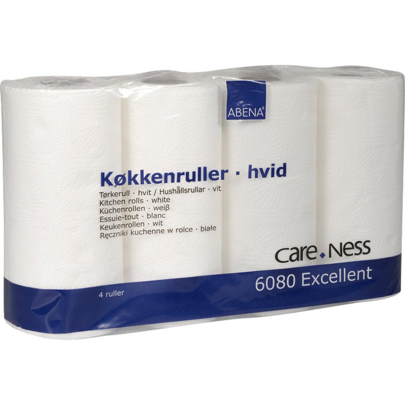 A package wrapped in plastic containing 4 white Abena Re-Seller GmbH kitchen rolls, 2-ply (22.5 cm x 17.85 m), labeled with "Køkkenruller - hvid" with translations and marked as highly absorbent. Product: 6080 Excellent.