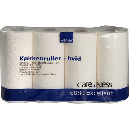 A package of 4 white kitchen rolls, 2-ply (22.5 cm x 17.85 m) from Abena Re-Seller GmbH, packed in clear plastic with multilingual text - ideal for any kitchen use.