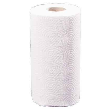 An unused Abena Re-Seller GmbH kitchen roll, 2-ply, 22.5 cm x 17.85 m in white stands upright with embossed swirls for absorbent use in your kitchen. The package contains 4 pieces.