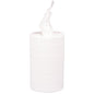A single white Abena Re-Seller GmbH hand towel roll Mini, 2-ply (20.3 cm x 72 m), stands upright with a sheet pulled from the center against a plain background, highlighting its high absorbency.