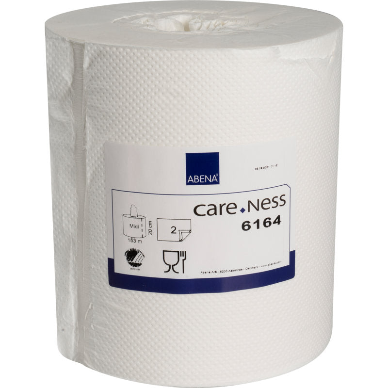 The Abena Re-Seller GmbH hand towel roll Midi, 2-ply, white (20.3 cm x 153 m), is delivered in a box of 6 and is marked with food safety symbols that allow for convenient and safe use.