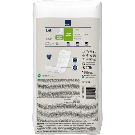 Eine aufrecht stehende weiße Packung ABENA Let Super Airlaid von Abena Re-Seller GmbH (100 Paar) zeigt Produktinfos, Spezifikationen, Symbole und eine Abbildung der Einlagen. Die Einlagen nutzen die fortschrittliche Airlaid-Technologie für die Inkontinenzversorgung.