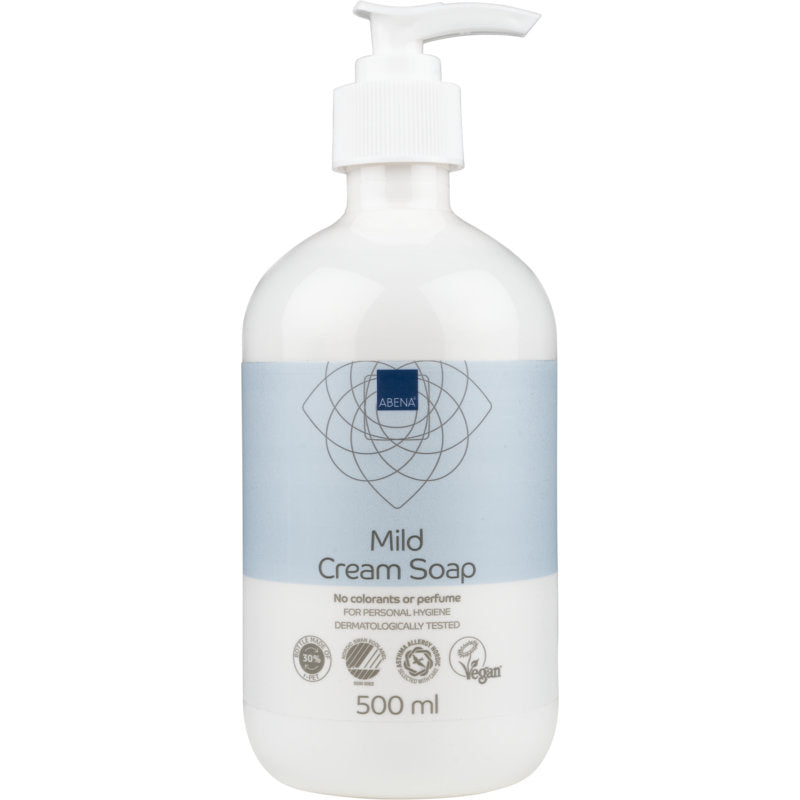 Eine weiße Kunststoff-Pumpflasche mit der Aufschrift "Milde Cremeseife ohne Parfüm" von Abena Re-Seller GmbH, die ein blau-weißes Design aufweist. Das 500 ml Produkt ist dermatologisch getestet, vegan und weist Zertifizierungen auf dem Etikett auf.