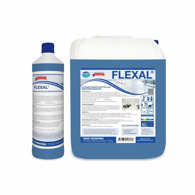 Two containers of Arcora FLEXAL POWERFUL MULTIPURPOSE CLEANER from Arcora International GmbH - a 1-liter bottle and a 10-liter canister - are filled with blue liquid. This powerful cleaner effortlessly removes even stubborn dirt.