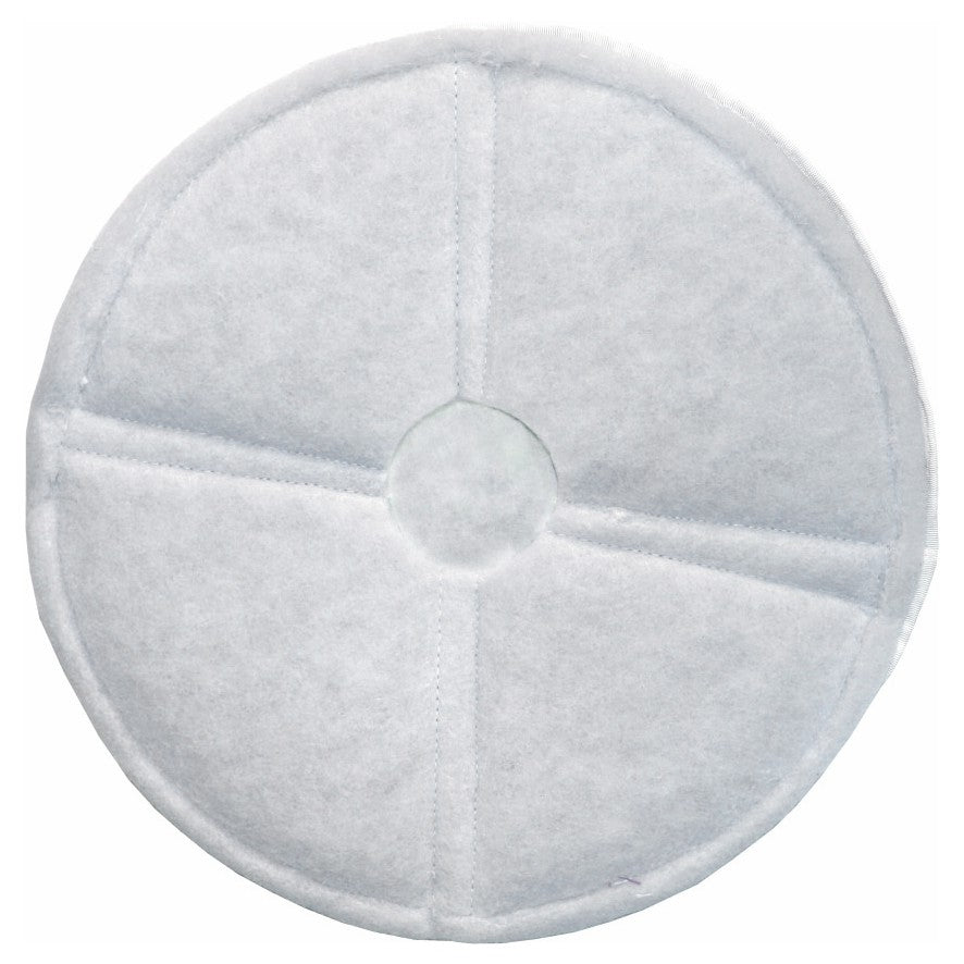 The Arcora Round Pad Micro-Blue (17''/432 mm) from Arcora International GmbH is a round, white fabric pad with a central cutout and quilted quarter sections, ideal for intermediate cleaning of textile floors with the bonnet system. The box contains 8 pads.