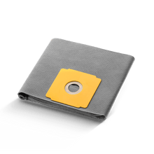 An Arcora Pro1Plus reusable permanent fabric filter from Arcora International GmbH, gray with a yellow plastic connection, is depicted folded on a plain white background.