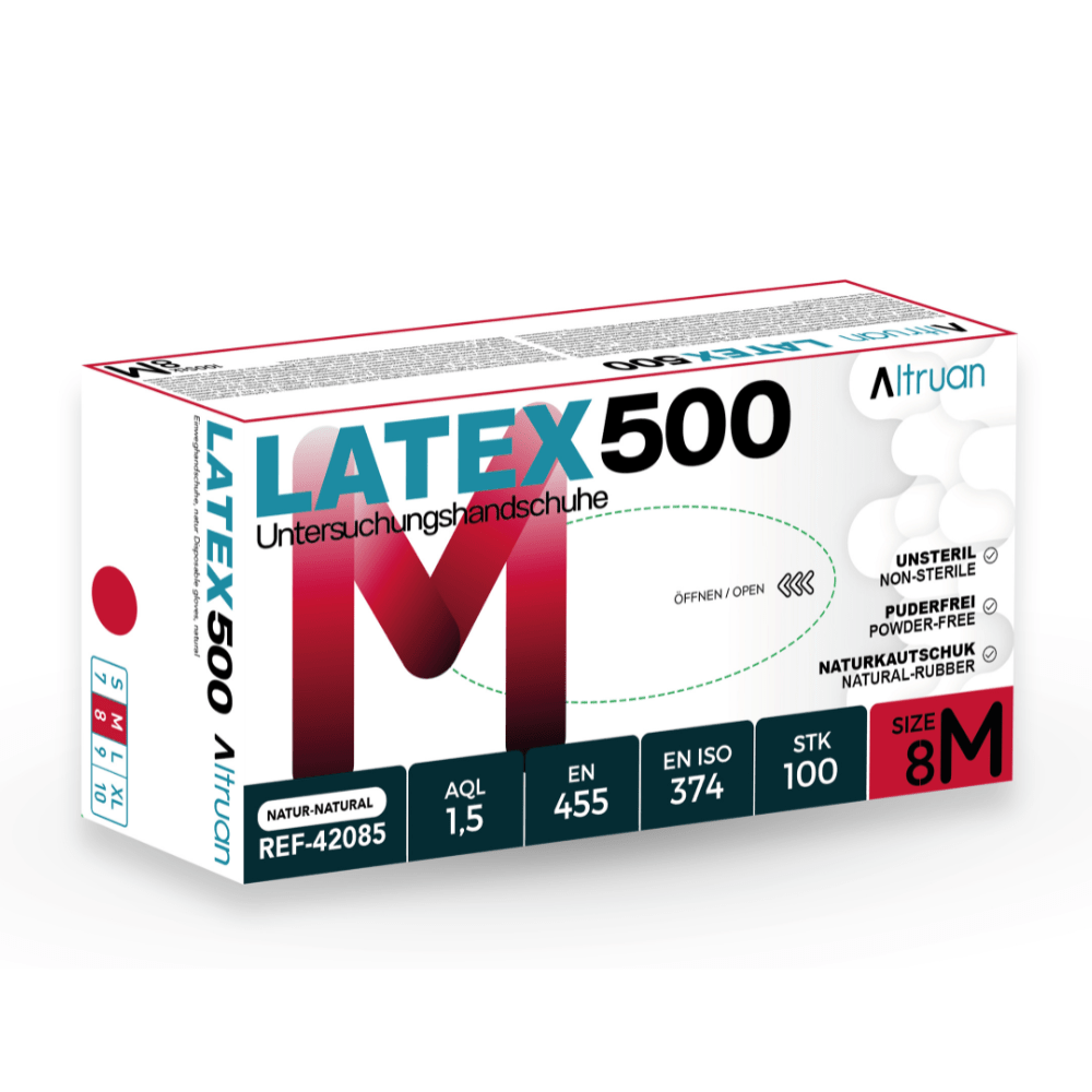A box of Altruan Latex 500 disposable gloves, natural, 100 pieces, non-sterile, powder-free disposable gloves made from natural rubber with product codes and certifications on the packaging. Brand: Altruan.