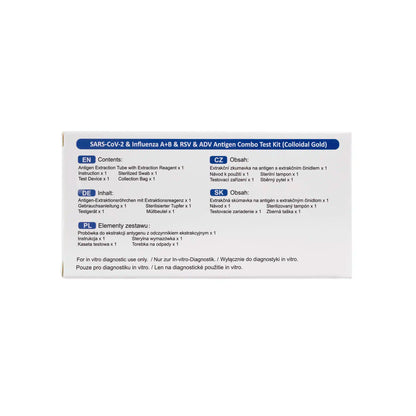 A white box from Altruan shows information about the DeepBlue Combo 5in1 Antigen Rapid Test - SARS-CoV-2, Influenza A+B, RSV & Adenovirus (1 piece) in English, Czech, and Slovak with clear details on contents and usage.