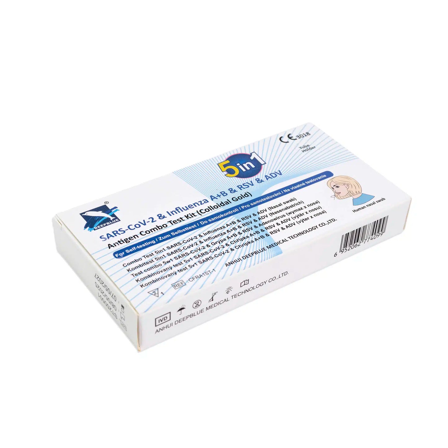 The Altruan DeepBlue Combo 5in1 Antigen Rapid Test (SARS-CoV-2, Influenza A+B, RSV & Adenovirus) is delivered in a rectangular blue-white packaging with instructions and product details. The package contains 1 piece.