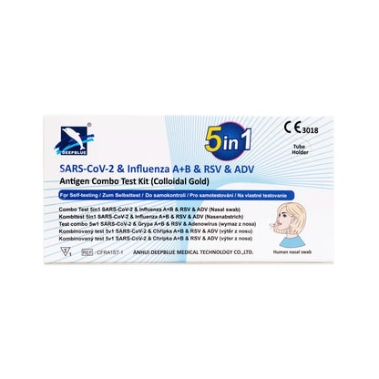 A white box labeled "DeepBlue Combo 5in1 - Antigen Rapid Test - SARS-CoV-2, Influenza A+B, RSV & Adenovirus | Altruan" offers a convenient nasal swab self-test (1 piece) for multiple viruses. Blue text and logos complete the design.