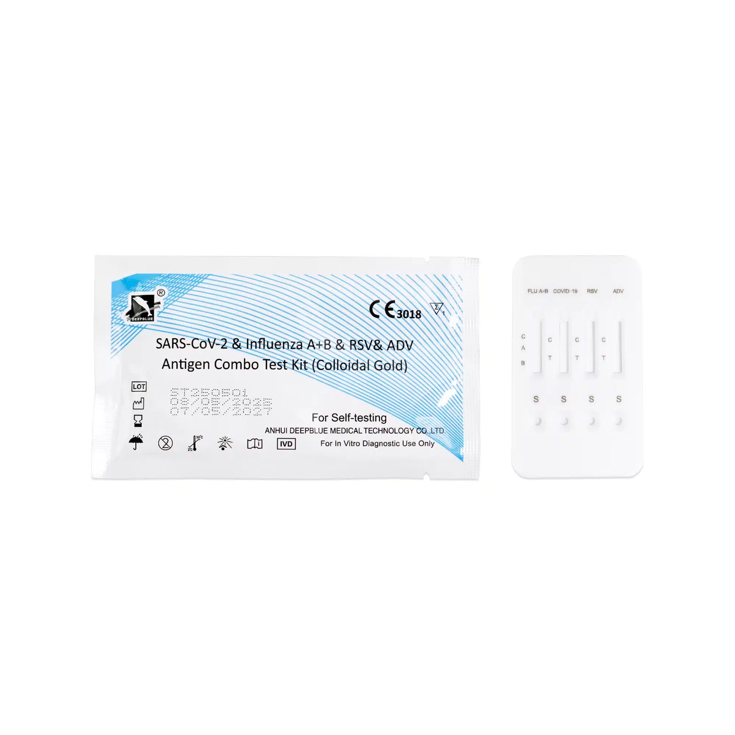 A DeepBlue Combo 5in1 Antigen Rapid Test by Altruan for SARS-CoV-2, Influenza A+B, RSV & Adenovirus (1 piece package) and its white-labeled test cassette are displayed against a white background.