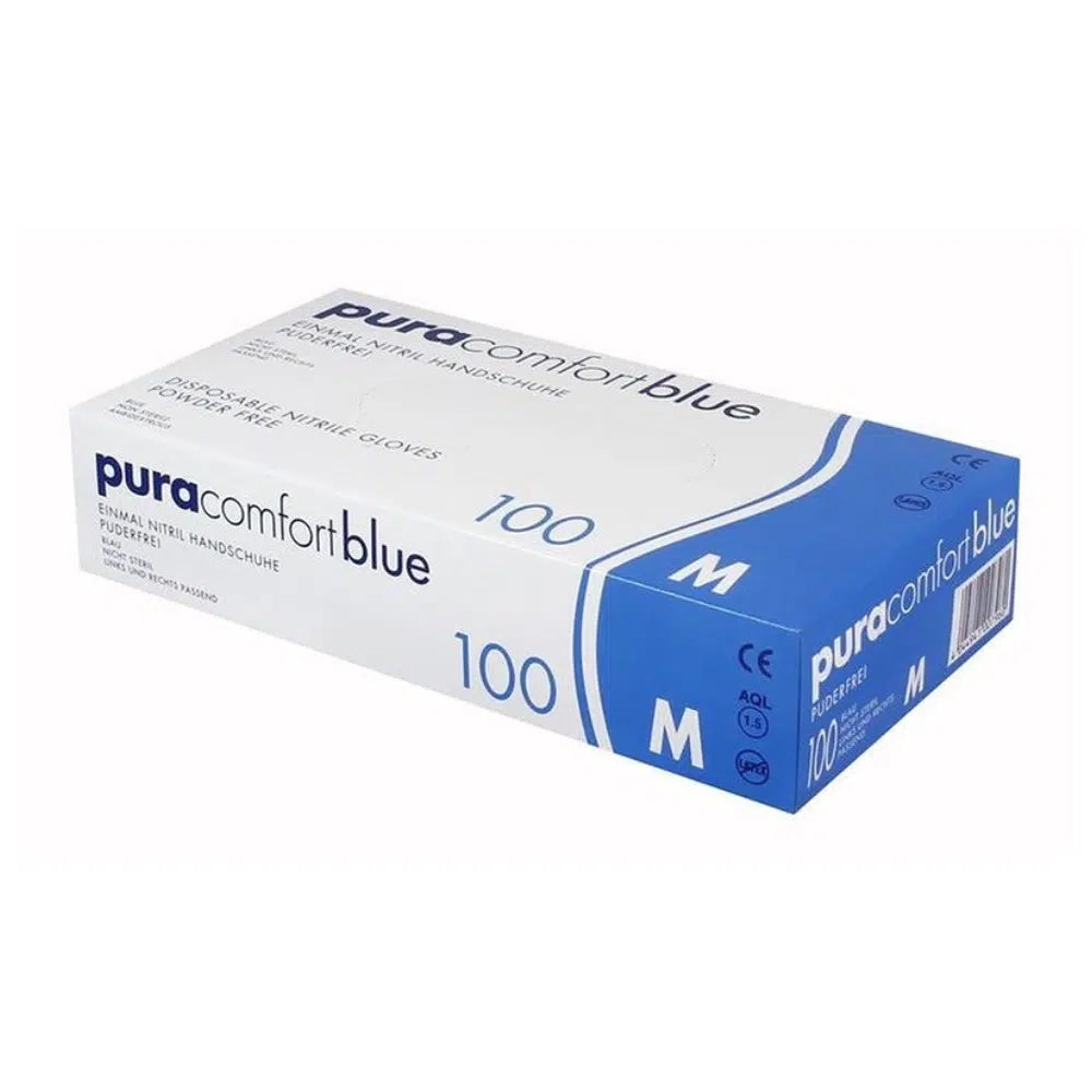 A white-blue box of AMPri Pura Comfort blue nitrile gloves, size Medium, with 100 pieces. These nitrile examination gloves from AMPri Handelsgesellschaft mbH are powder-free and latex-free, making them perfect for use in the food industry or medical facilities. The box also contains a barcode and symbols with detailed product information.