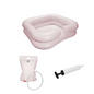 The discontinued item: AMPri washbasin with shower device and pump, inflatable by AMPri Handelsgesellschaft mbH with hand pump and water bag is presented for hair washing while lying down on a white background.