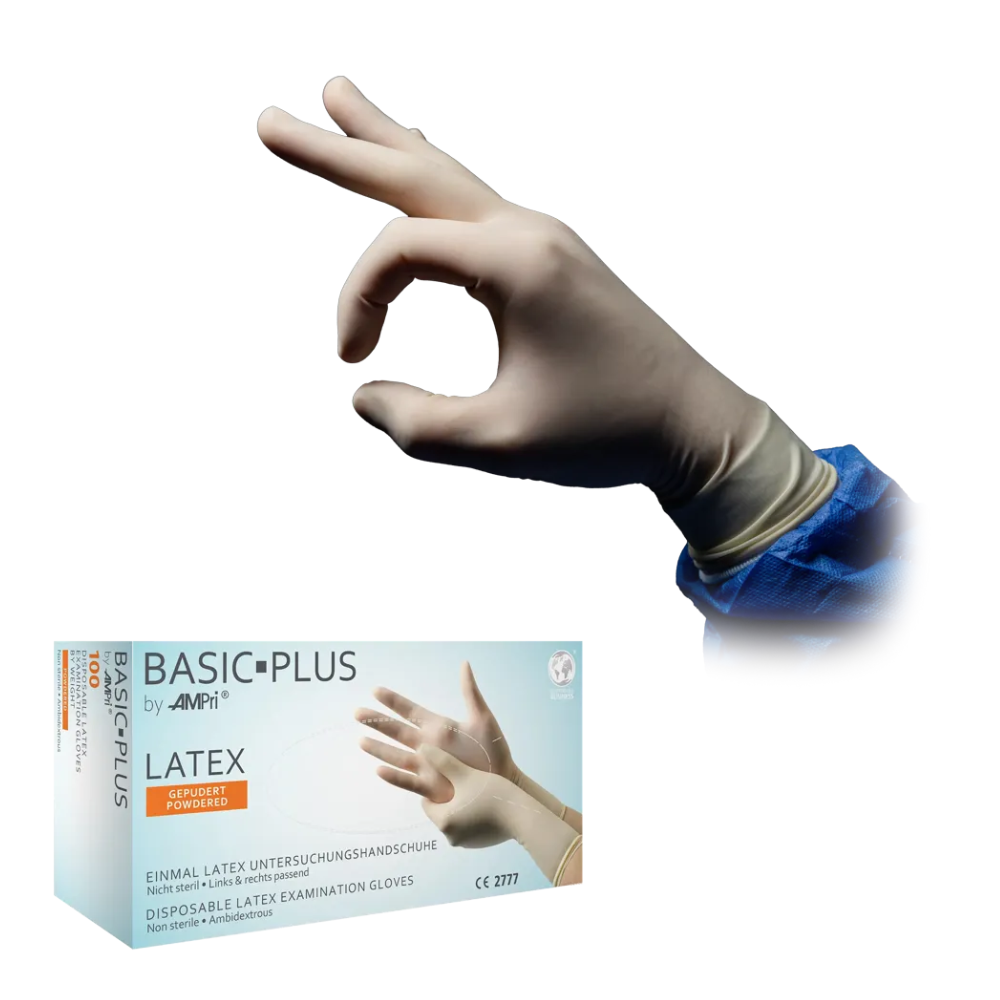 A hand wearing a latex glove makes an 'OK' gesture. Below is a box labeled 'AMPri BASIC-PLUS powdered latex gloves, white | Box (100 pieces)' from AMPri Handelsgesellschaft mbH, containing disposable examination gloves made of latex. The box shows an image of gloved hands and a multilingual text emphasizing chemical protection.