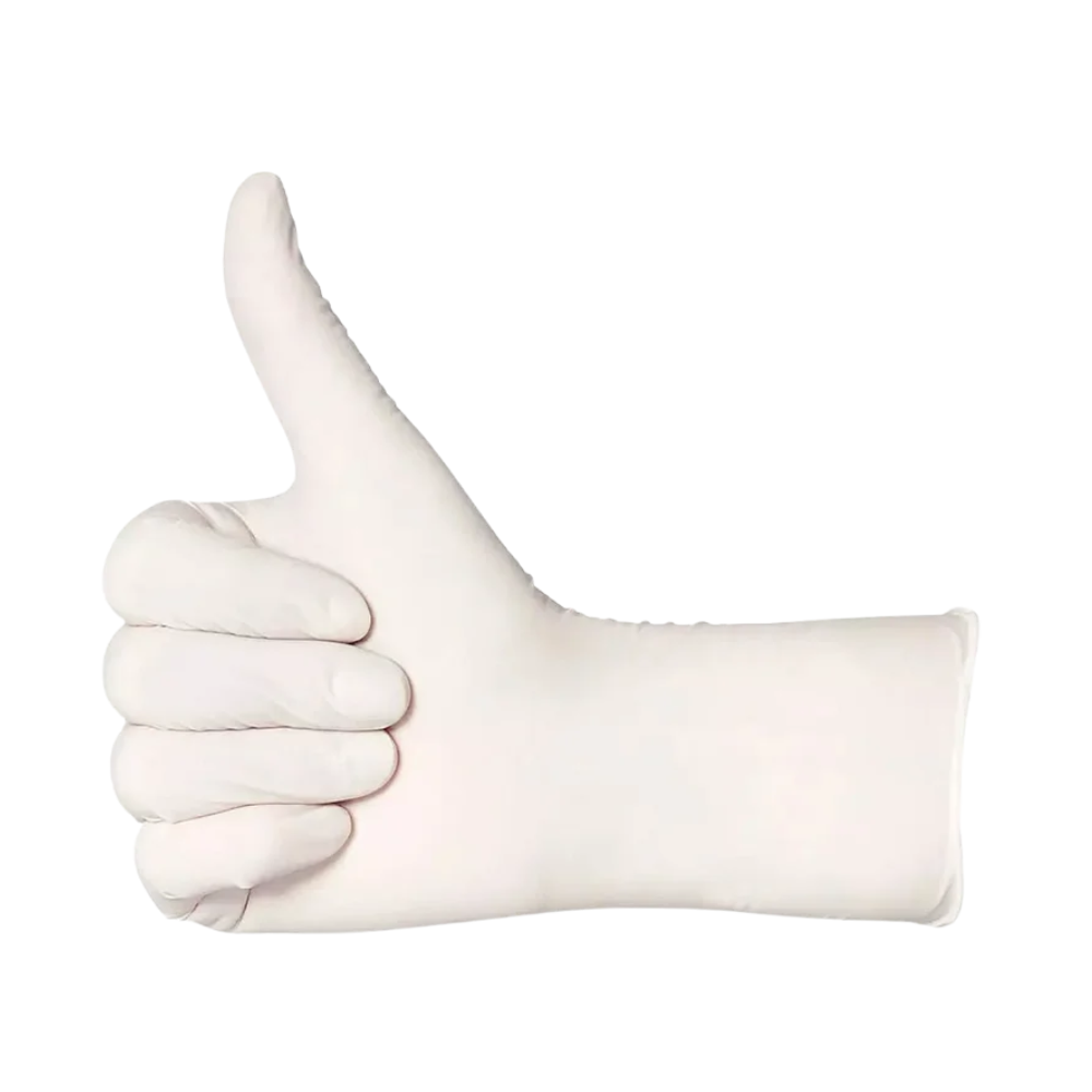 A right hand, wearing one of the powdered white BASIC-PLUS latex gloves from AMPri Handelsgesellschaft mbH from a box of 100, shows a thumbs-up gesture against a plain white background.