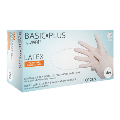 Pictured is a box of AMPri BASIC-PLUS powder-free latex gloves, white | Box (100 pieces) by AMPri Handelsgesellschaft mbH. The white box with blue accents contains latex-free, non-sterile, ambidextrous gloves. The text is in English and German and there is an image of a hand wearing a glove. Ideal for hygiene protection in the food industry.