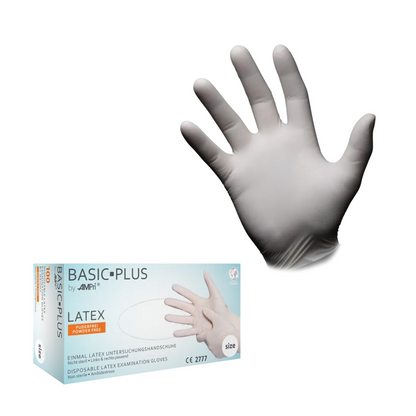 On the left is a box of AMPri BASIC-PLUS powder-free latex gloves, white (100 pieces) from AMPri Handelsgesellschaft mbH, and on the right, a glove is worn by a hand against a white background. These gloves are perfect for hygiene protection and suitable for use in the food industry.