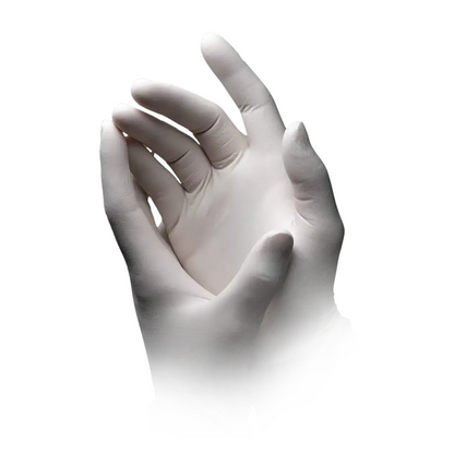 Two hands wearing AMPri BASIC-PLUS powder-free latex gloves, white, from a box of 100 pieces by AMPri Handelsgesellschaft mbH are depicted against a white background. The fingers are slightly bent inward, with one hand resting over the other. These clean and unused gloves offer optimal hygienic protection, ideal for the food industry.
