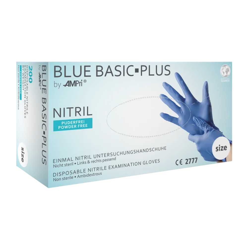 A rectangular box for AMPri BASIC-PLUS nitrile gloves powder-free, various colors | Box (200 pieces). The gloves are non-sterile and suitable for both hands. The box shows a blue glove and product details in various languages, with size specifications.