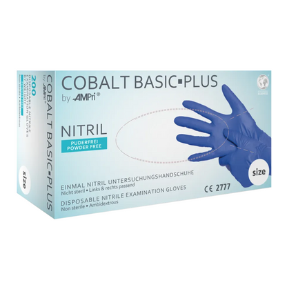 An image of a box of AMPri BASIC-PLUS nitrile gloves powder-free, various colors from AMPri Handelsgesellschaft mbH. The powder-free, non-sterile, and ambidextrous nitrile gloves are chemical-resistant. The box is labeled with information in multiple languages and shows an image of a blue nitrile glove. CE 2777 marking.