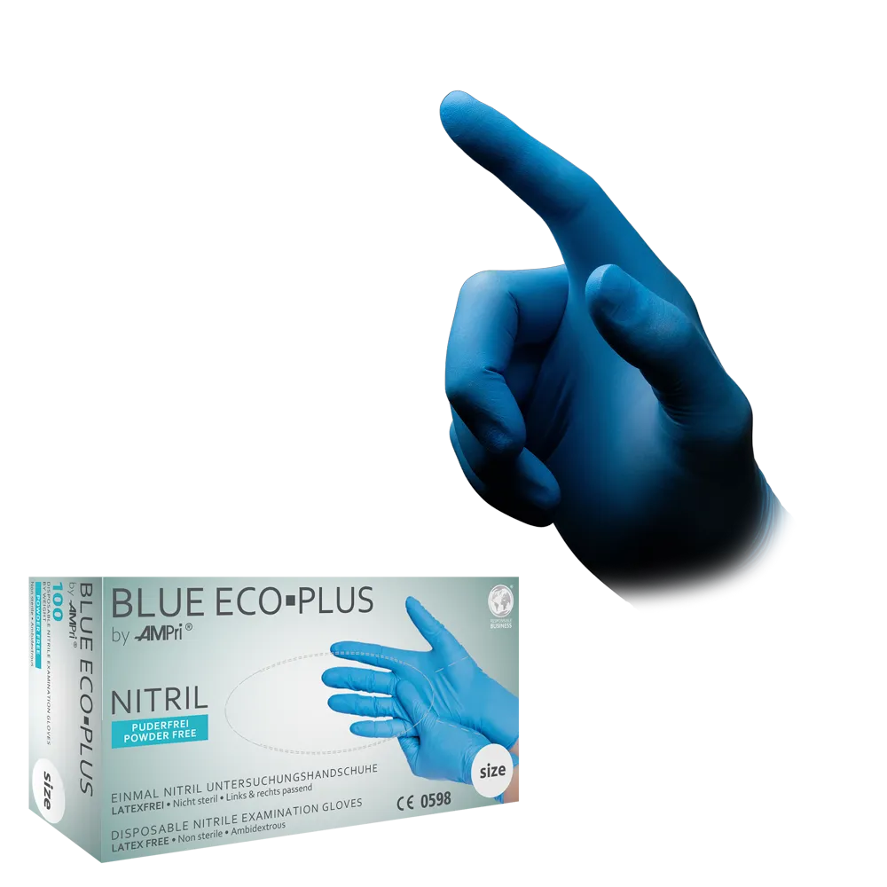 Image of a hand with a blue nitrile glove pointing upwards. Below the hand is a box of 'AMPri BLUE ECO-PLUS powder-free nitrile gloves, blue' from AMPri Handelsgesellschaft mbH. The box highlights that these nitrile disposable gloves are powder-free, latex-free, and suitable for single use, making them ideal for the food industry.