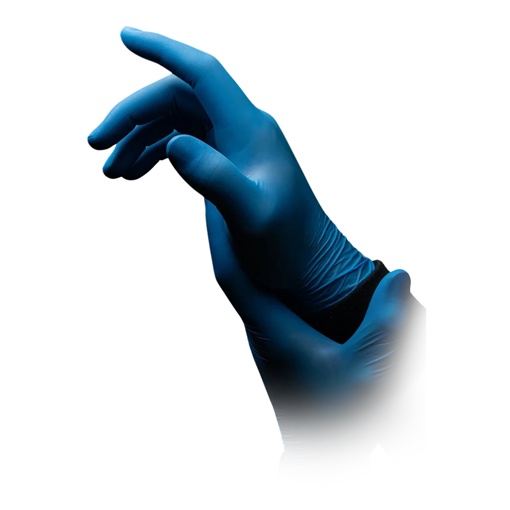 A close-up of a person wearing a blue AMPri BLUE ECO-PLUS powder-free nitrile glove on one hand and pulling a second blue disposable glove over the other hand, against a white background.