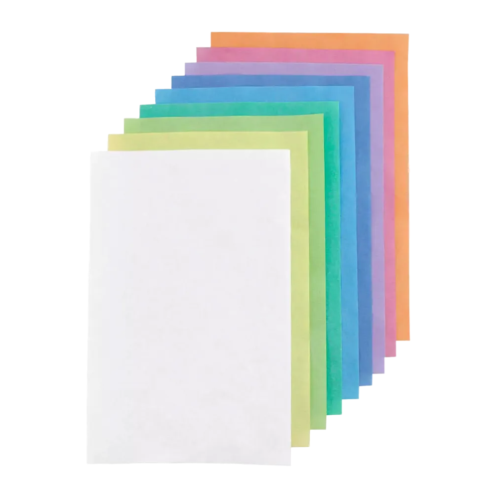 A stack of ten AMPri Dental crepe cover tray filter papers, 18 x 28 cm, from AMPri Handelsgesellschaft mbH, spread out like a fan. The bright colors include white, light blue, dark blue, purple, orange, pink, green, and yellow. Each sheet is carefully arranged, with the edges clearly visible.