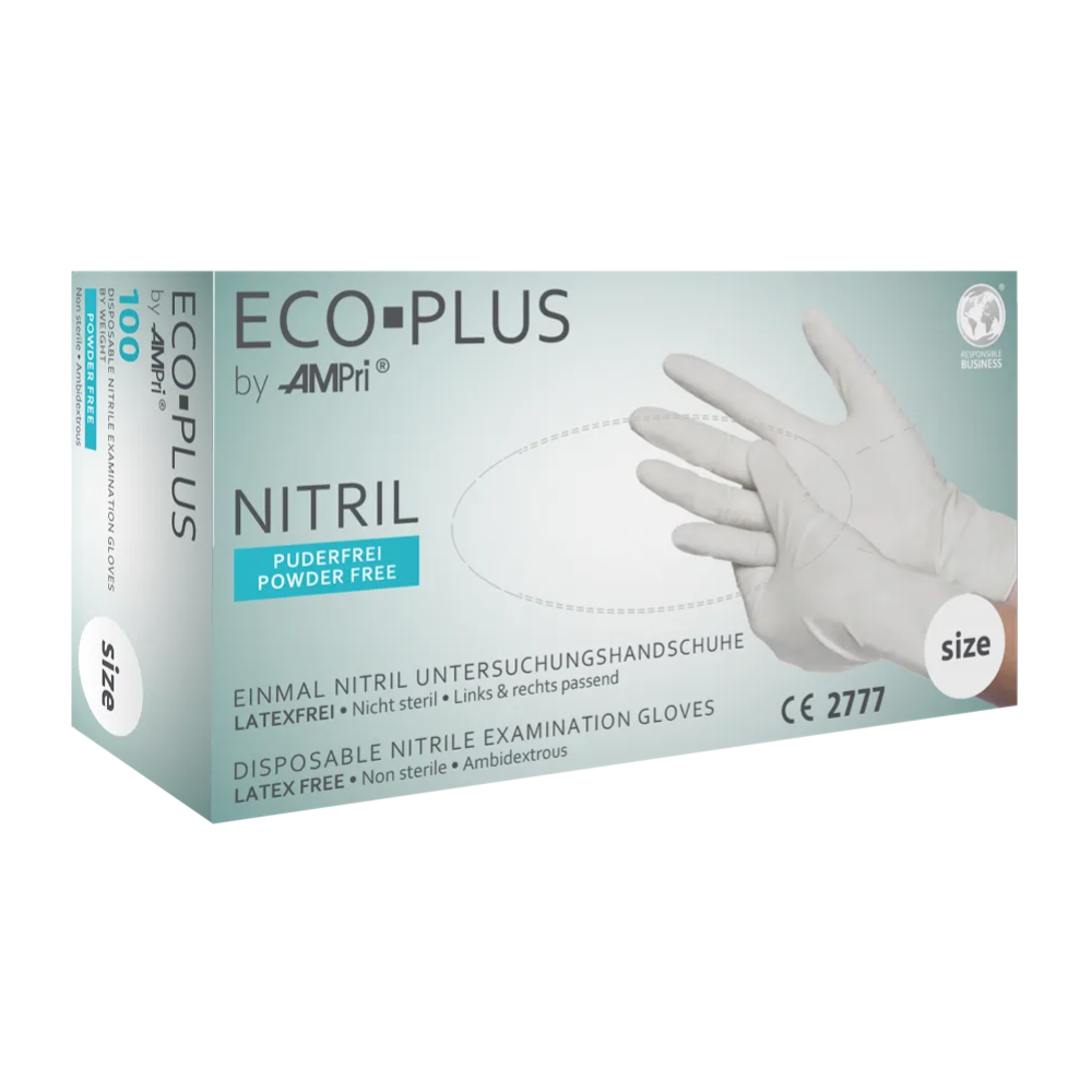 Image of a box of AMPri ECO-PLUS powder-free nitrile gloves, white by AMPri Handelsgesellschaft mbH. The white-blue box is labeled as powder-free and latex-free, with size information indicated in the lower right corner. On the front side, there is an image of a gloved hand highlighting these hygienic nitrile gloves.