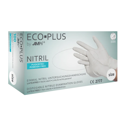 Image of a box of AMPri ECO-PLUS powder-free nitrile gloves, white by AMPri Handelsgesellschaft mbH. The white-blue box is labeled as powder-free and latex-free, with size information indicated in the lower right corner. On the front side, there is an image of a gloved hand highlighting these hygienic nitrile gloves.
