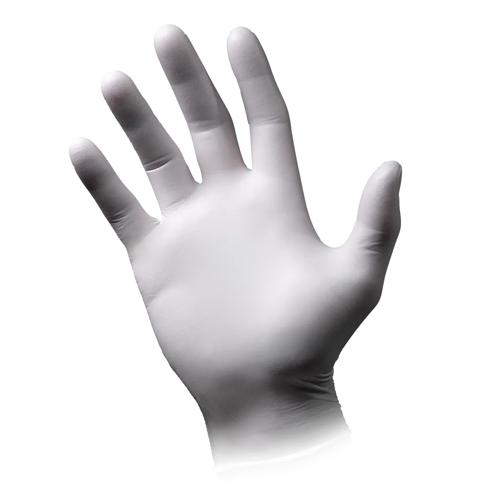 A close-up of a left hand with an AMPri ECO-PLUS powder-free nitrile glove, white by AMPri Handelsgesellschaft mbH. The fingers are spread and the palm is facing the viewer. The background is plain white, providing a clear contrast to the medical glove.