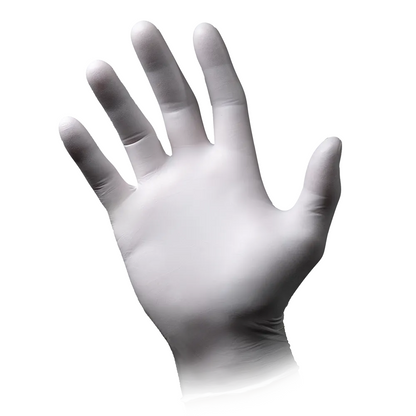 A close-up of a left hand with an AMPri ECO-PLUS powder-free nitrile glove, white by AMPri Handelsgesellschaft mbH. The fingers are spread and the palm is facing the viewer. The background is plain white, providing a clear contrast to the medical glove.