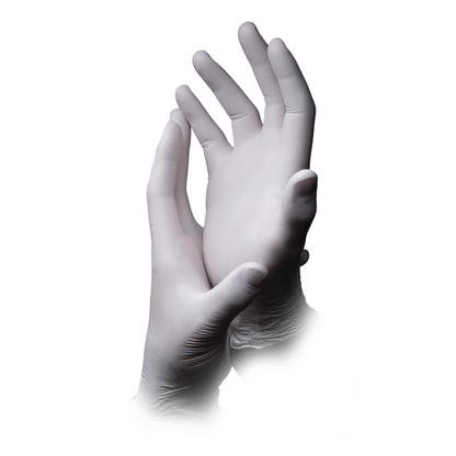 Against a white background, a pair of hands wearing AMPri ECO-PLUS powder-free nitrile gloves, white by AMPri Handelsgesellschaft mbH, are depicted. The hands wearing the powder-free white nitrile gloves are positioned with slightly spread fingers, and the left hand rests loosely on the wrist of the right hand.