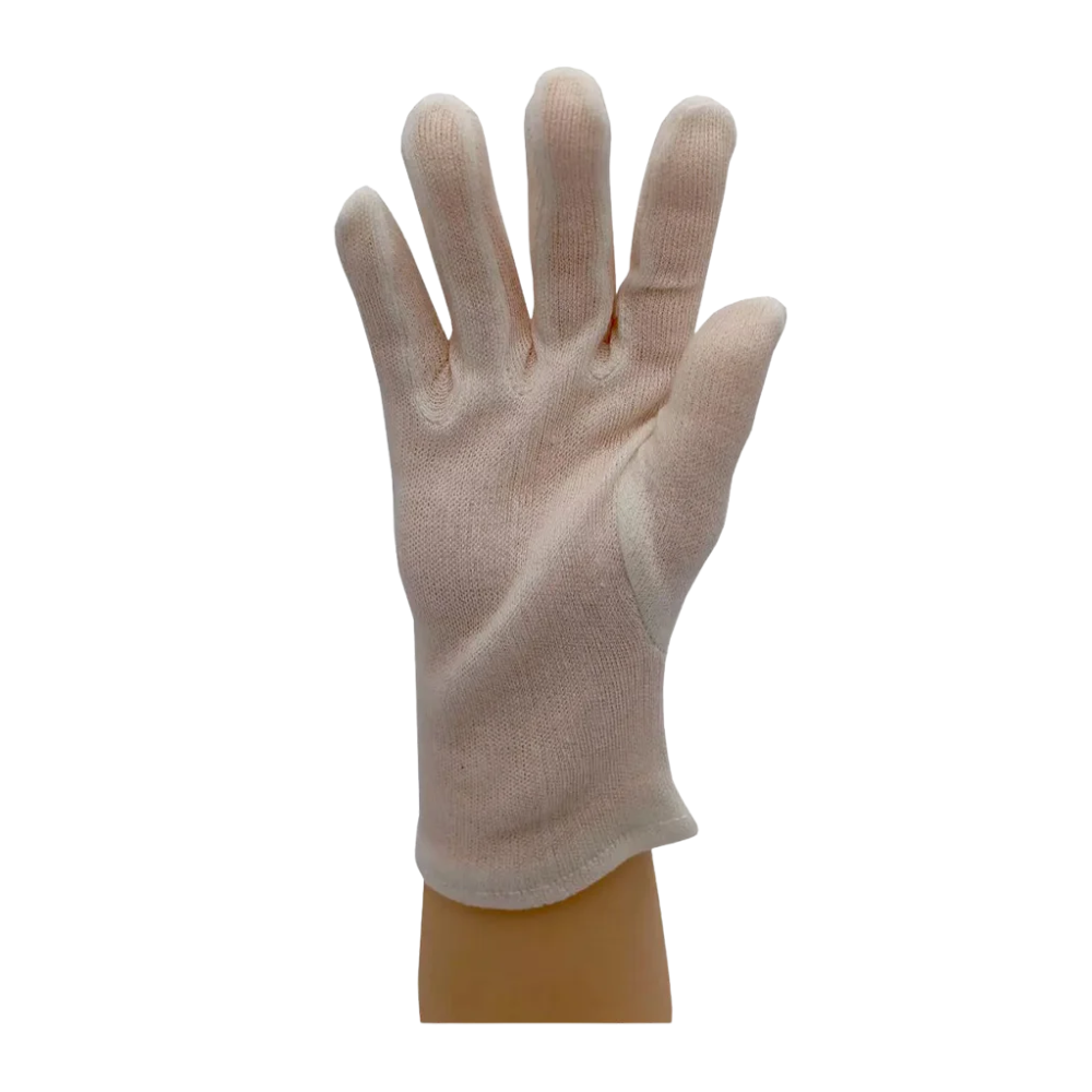 A white AMPri ECO-PLUS cotton knit glove is presented on a mannequin against a plain white background. The splayed fingers show fit and texture, thus emphasizing its use in work protection.