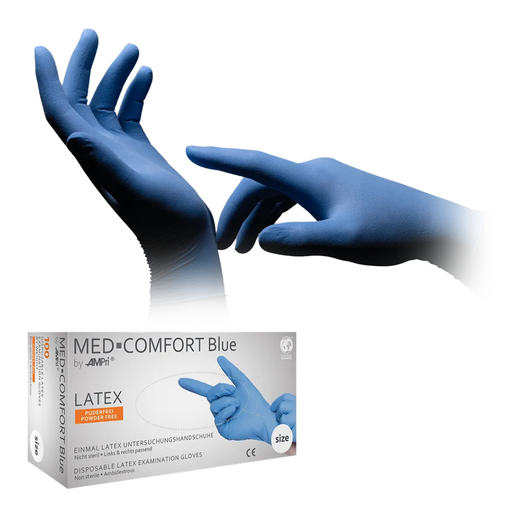 Eine Schachtel AMPri MED-COMFORT BLUE Latexhandschuhe puderfrei, blau | Box (100 Stück) ist abgebildet. Über der Schachtel sind zwei Hände mit blauen Latexhandschuhen abgebildet, wobei eine Hand den Handschuh an der anderen zurechtrückt. Die Schachtel zeigt Produktdetails und ein CE-Zeichen der AMPri Handelsgesellschaft mbH, ideal für die Lebensmittelverarbeitung.