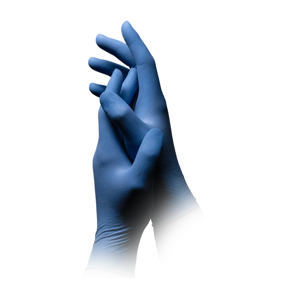 Zwei Hände mit AMPri MED-COMFORT BLUE Latexhandschuhen puderfrei, blau von AMPri Handelsgesellschaft mbH sind vor einem weißen Hintergrund abgebildet. Die rechte Hand liegt über der linken Hand, wobei sich die Finger leicht überlappen. Die Handschuhe wirken sauber und knitterfrei, was auf einen neuen oder unbenutzten Zustand hinweist und aufgrund ihrer puderfreien Beschaffenheit ideal für die Lebensmittelverarbeitung ist.