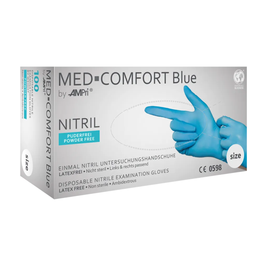 A box of AMPri MED-COMFORT BLUE disposable examination gloves made of nitrile (nitrile gloves) from AMPri Handelsgesellschaft mbH. The gloves are latex-free, powder-free, and non-sterile. The image on the box shows a pair of gloved hands. The package contains 100 disposable gloves, CE-marked with packaging details in multiple languages.