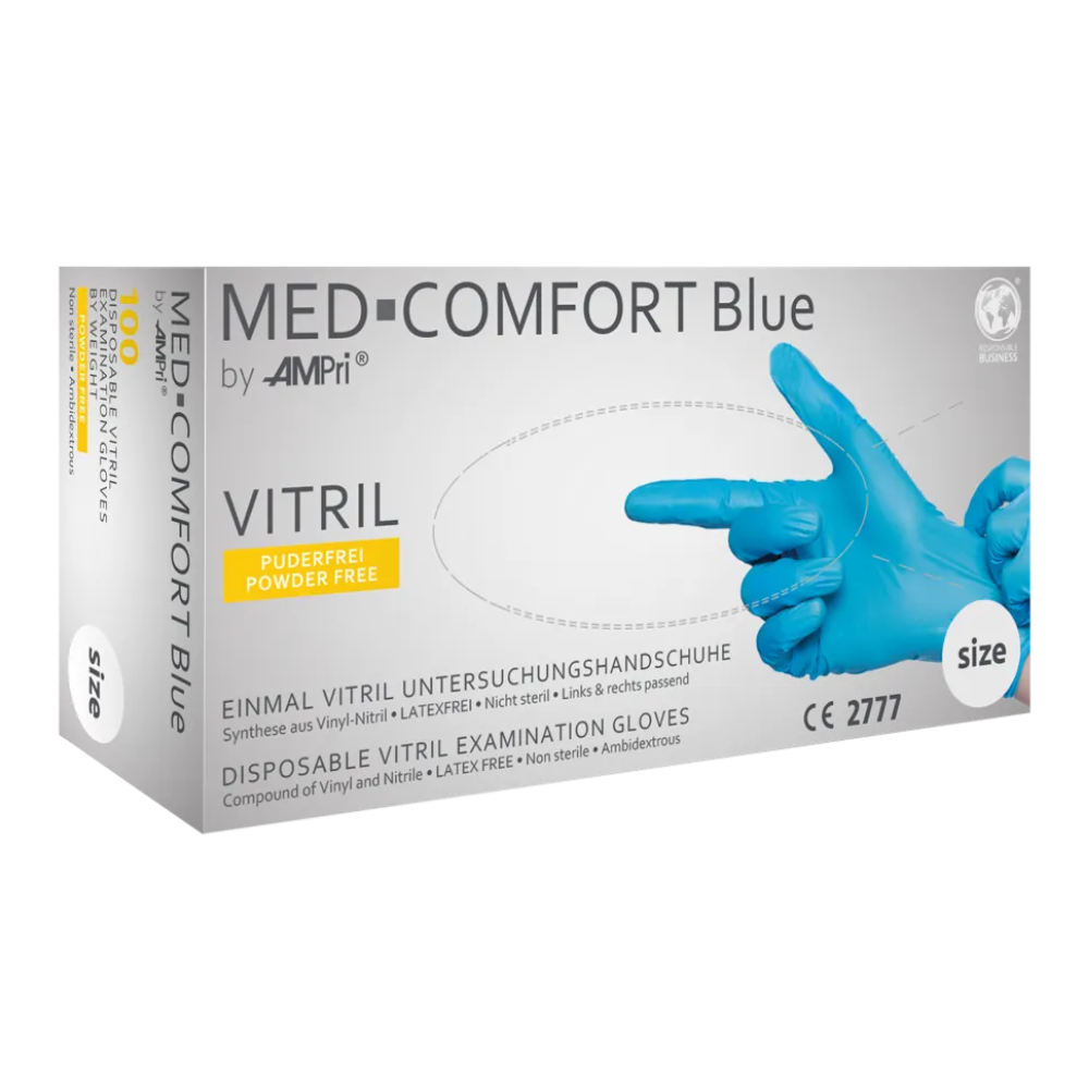 Shown is a box of AMPri MED-COMFORT BLUE Vitrile gloves powder-free, Blue by AMPri Handelsgesellschaft mbH. The box highlights that the gloves are powder-free and latex-free, making them ideal for the food industry. An image on the box shows a hand wearing a blue glove, and various informational texts and logos are present.