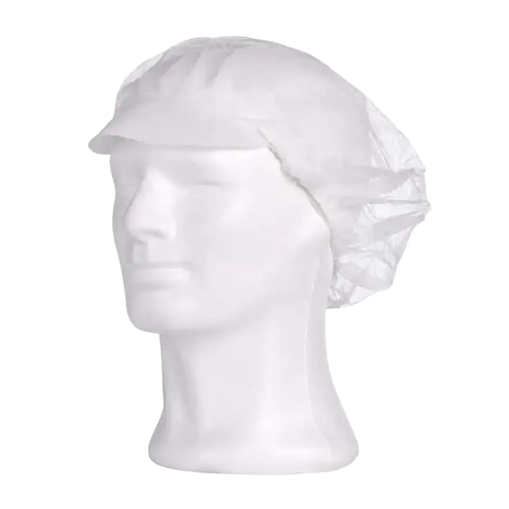 A doll's head in white is adorned with an AMPri MED-COMFORT beret cap, offered by AMPri Handelsgesellschaft mbH in white and blue. This disposable product provides hygienic protection, with the hairnet covering the entire head area cleanly and effectively. The doll is slightly facing left, with facial features not strongly emphasized.