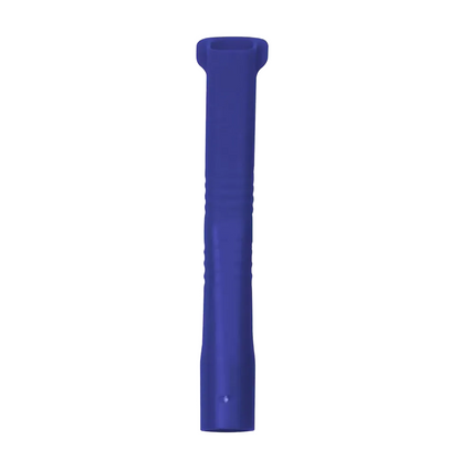 An elongated, cylindrical plastic object in blue, similar to an AMPri MED-COMFORT dental suction cannula for adults by AMPri Handelsgesellschaft mbH, with a wider base and narrower top. Its smooth surface features horizontal grooves along its length for better grip.