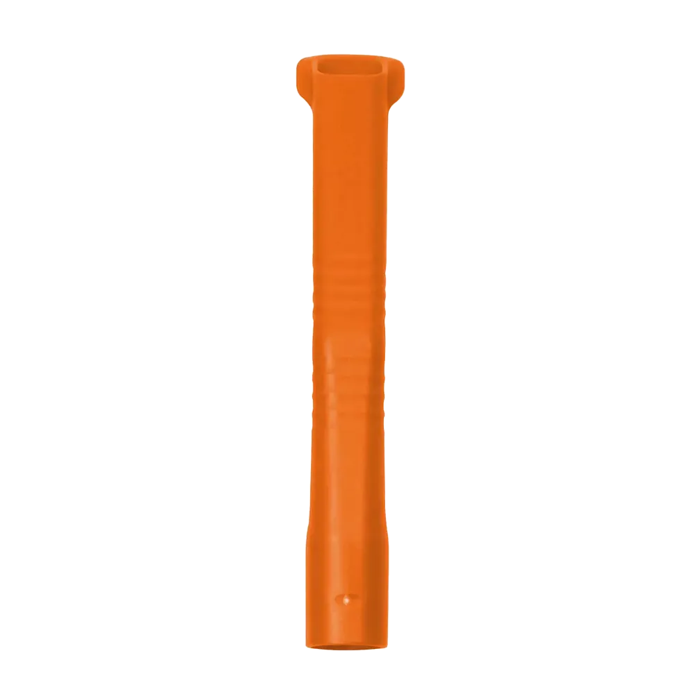 An orange tent peg remover made of plastic with a cylindrical handle, manufactured from durable polymer materials similar to those used in the AMPri MED-COMFORT dental suction cannulas for adults, has a notch at the top for gripping pegs and is presented against a white background.