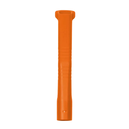 An orange tent peg remover made of plastic with a cylindrical handle, manufactured from durable polymer materials similar to those used in the AMPri MED-COMFORT dental suction cannulas for adults, has a notch at the top for gripping pegs and is presented against a white background.