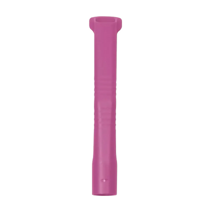 An elongated pink plastic tube, part of the AMPri MED-COMFORT dental suction cannulas for adults by AMPri Handelsgesellschaft mbH, resembles a dental suction cannula with a slightly wider top and narrower bottom. It features grooves along its length and stands upright against a plain white background.