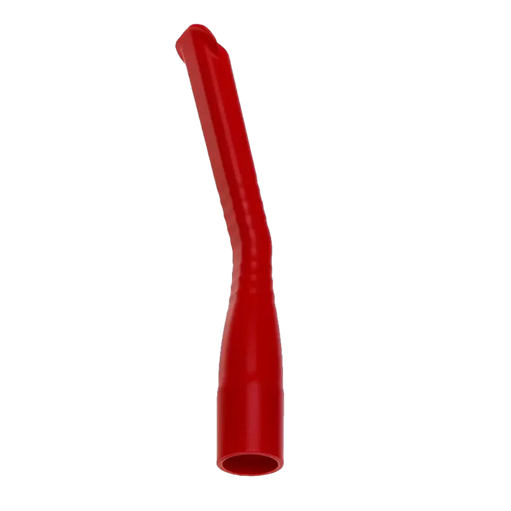 A red plastic attachment with a curved and tapered shape, similar to the AMPri MED-COMFORT dental suction cannulas for children in various colors, presumably for a vacuum cleaner or a similar device.