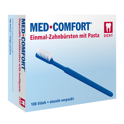 The AMPri MED-COMFORT box from AMPri Handelsgesellschaft mbH, ideal for dental care on the go, contains disposable toothbrushes with toothpaste. Pictured is a blue toothbrush, and a bilingual text indicates that the box contains 100 individually packaged pieces in various colors.