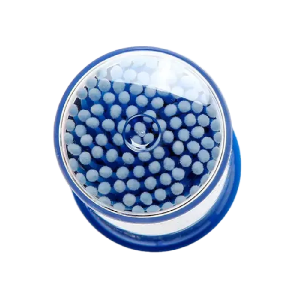 A top view of a round, blue AMPri MED-COMFORT disposable micro applicator dental applicator with densely packed white bristles in a transparent plastic casing, designed for precise work with an electric toothbrush.