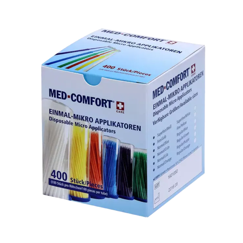 The image shows a box of AMPri MED-COMFORT disposable micro applicators, perfectly suited for dental needs and ensuring precise work. It contains 400 pieces with images in different colors and multilingual text, labeled as 'Disposable Micro Applicators' by AMPri Handelsgesellschaft mbH.