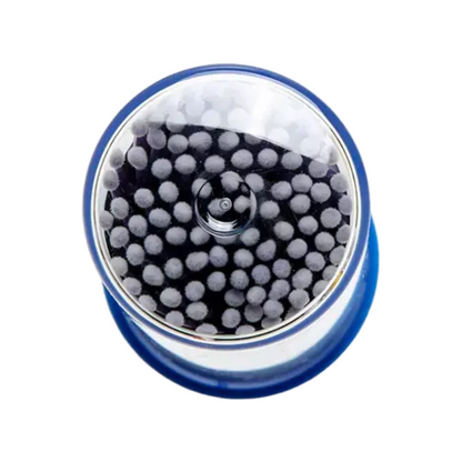 Viewed from above, a transparent, round container is seen, filled with evenly distributed, round, black objects. The container, part of the AMPri MED-COMFORT disposable micro applicators dental supply set from AMPri Handelsgesellschaft mbH, features a blue edge at the bottom and is designed for precise work.