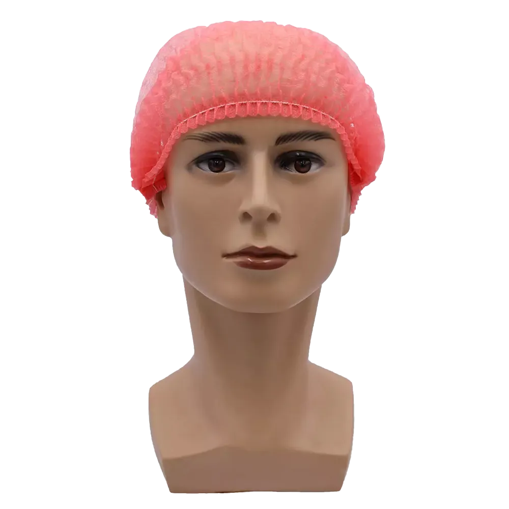 A mannequin head with a pink AMPri MED-COMFORT clip cap 52 cm from AMPri Handelsgesellschaft mbH shows a neutral facial expression. The cap made of polypropylene offers hygienic protection with its secure elastic fit against a plain white background.